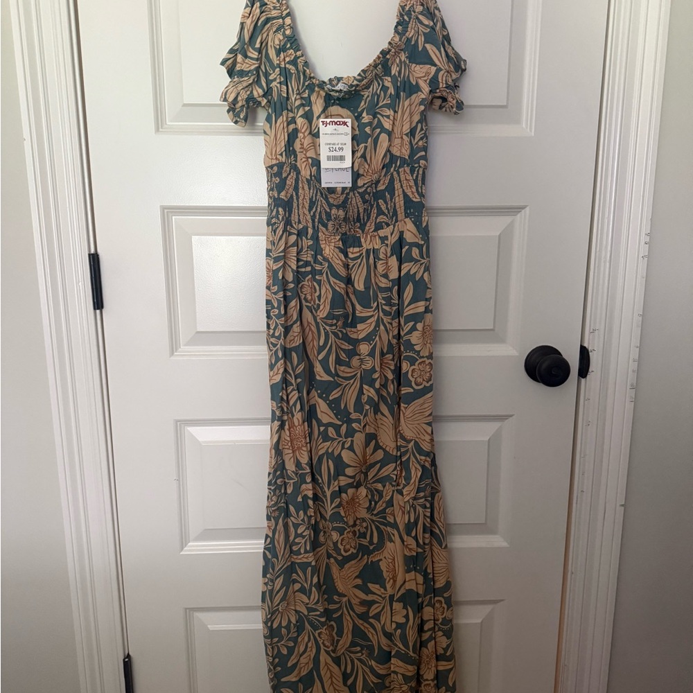 Patrons of Peace Blue and Tan Maxi Sundress with Flutter Sleeves